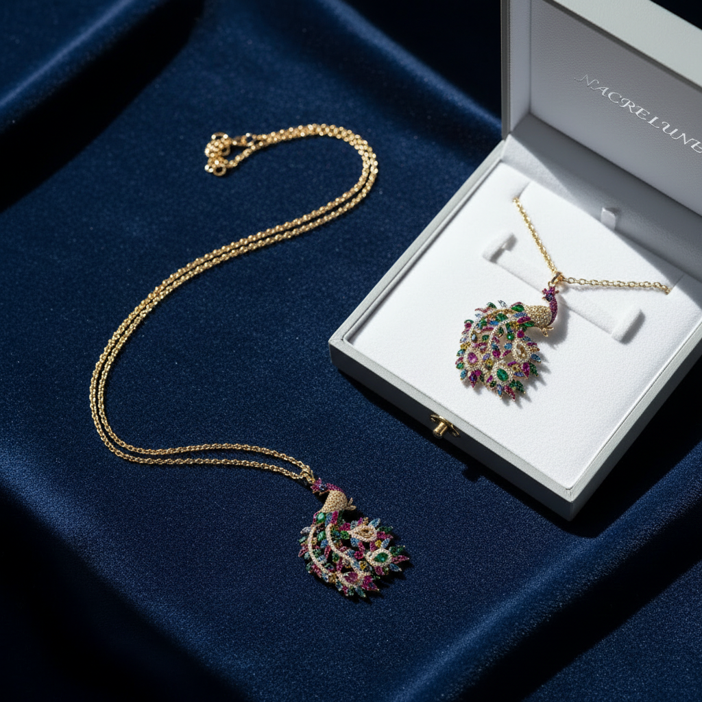Pendentif en strass sur sa longue chaîne représentant un paon : 2 versions disponibles nacrelune.com pendentif
