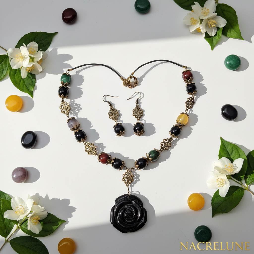 Parure en perles d'agates multicolores et rose sculptée en onyx nacrelune.com parure