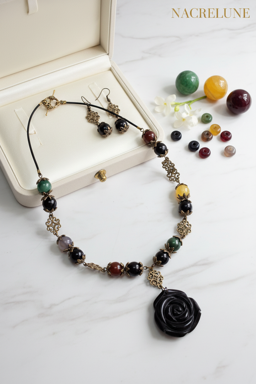 Parure en perles d'agates multicolores et rose sculptée en onyx nacrelune.com parure