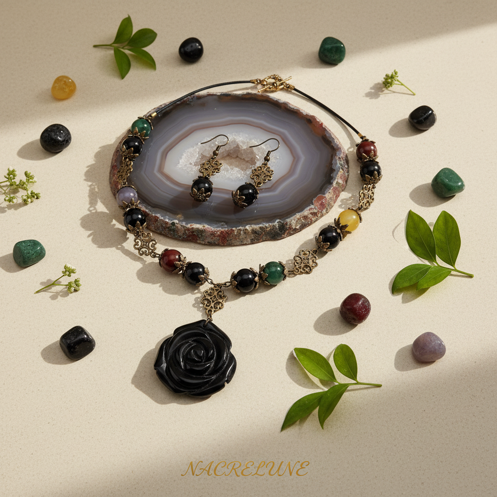 Parure en perles d'agates multicolores et rose sculptée en onyx nacrelune.com parure