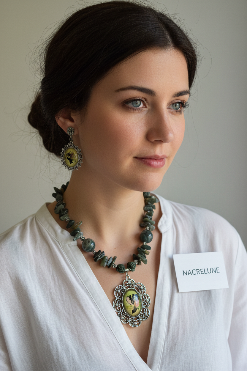 Parure Agate Camée Collier Boucles Artisanal nacrelune.com parure