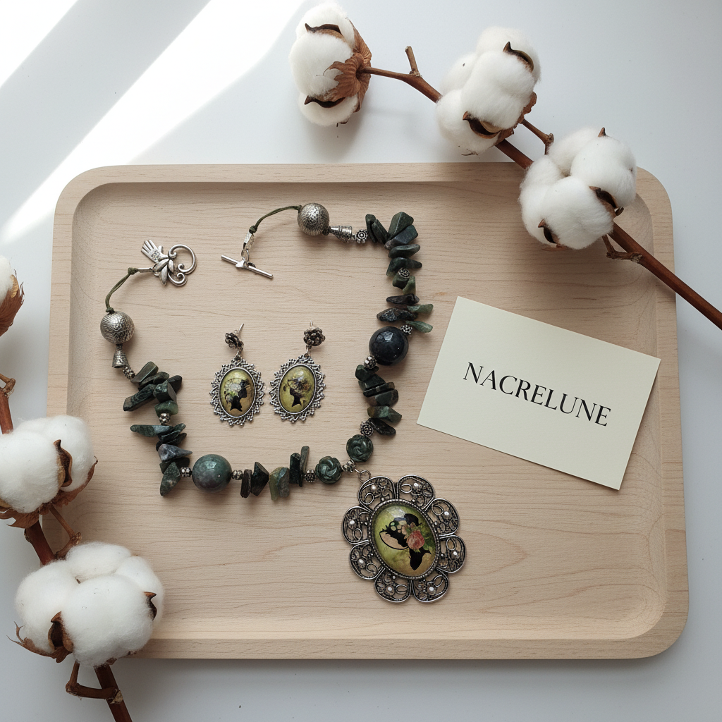 Parure Agate Camée Collier Boucles Artisanal nacrelune.com parure