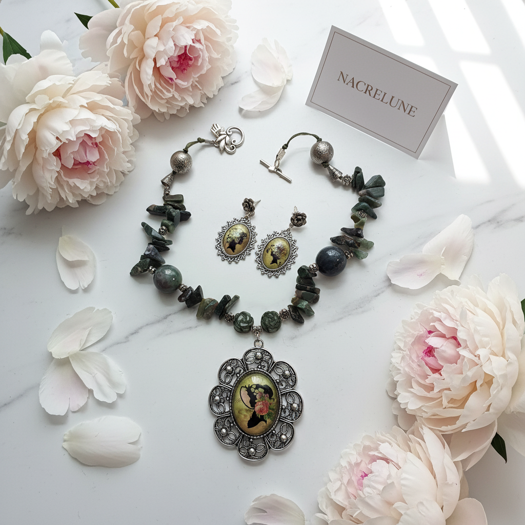 Parure Agate Camée Collier Boucles Artisanal nacrelune.com parure