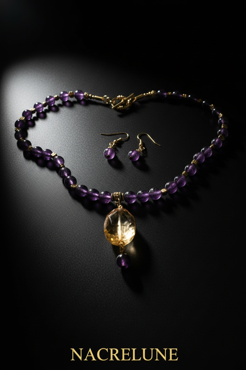 Parure en perles d'améthystes véritable et grande citrine facettée nacrelune.com parure