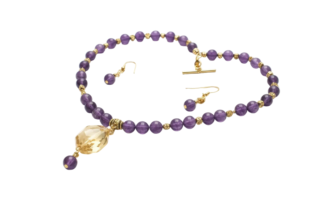 Parure en perles d'améthystes véritable et grande citrine facettée nacrelune.com parure