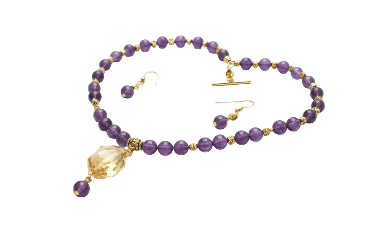Parure en perles d'améthystes véritable et grande citrine facettée nacrelune.com parure