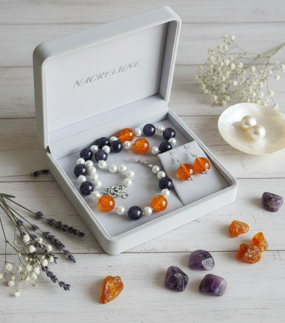 Parure en perles d'améthyste véritable , perles de nacre et ambre pressé NACRELUNE parure