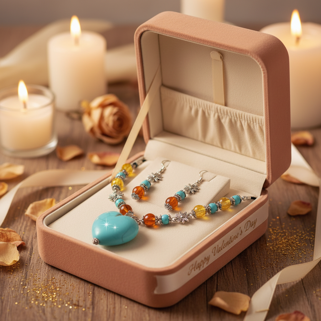 Parure ambre et cœur turquoise nacrelune.com parure