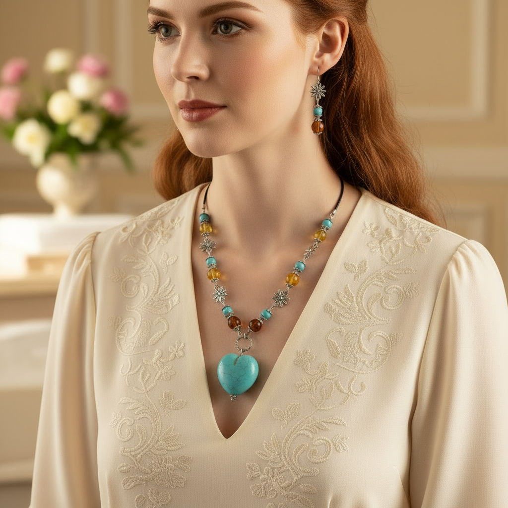 Parure ambre et cœur turquoise nacrelune.com parure