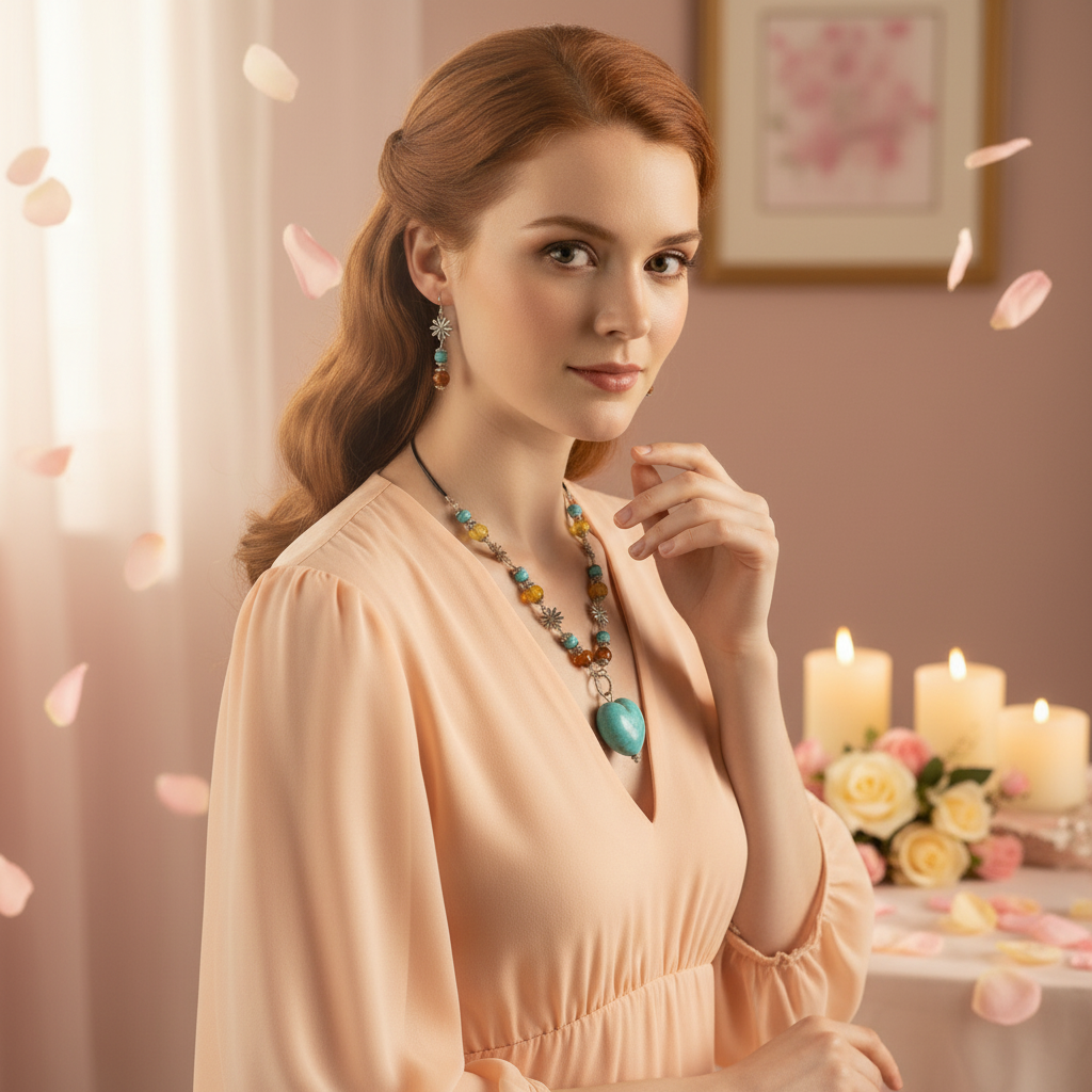 Parure ambre et cœur turquoise nacrelune.com parure