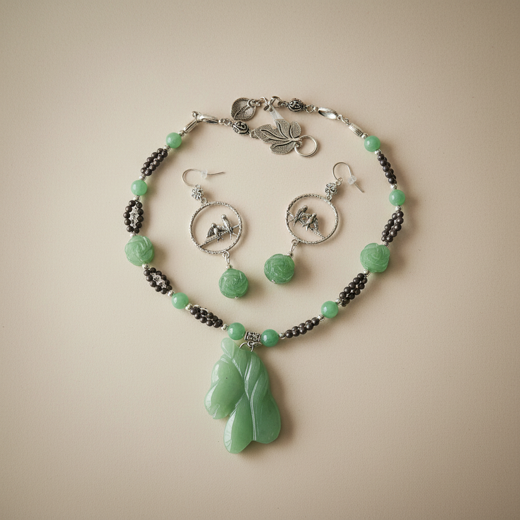 Parure en perles d' aventurine véritables sculptées en forme de fleurs et cheval nacrelune.com parure