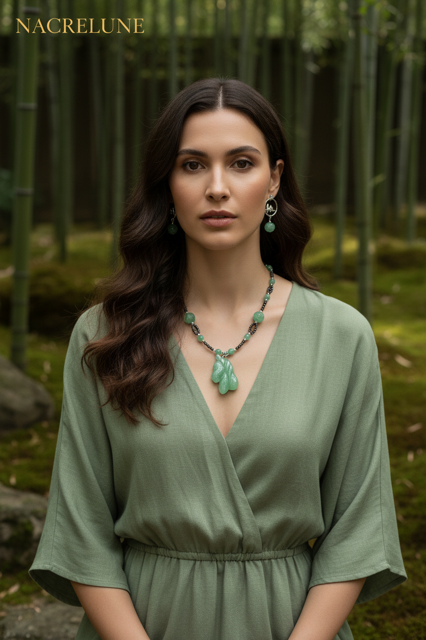 Parure en perles d' aventurine véritables sculptées en forme de fleurs et cheval nacrelune.com parure