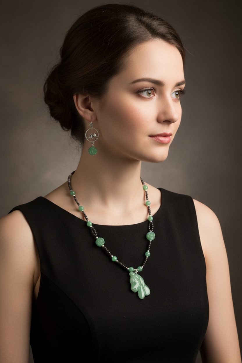 Parure en perles d' aventurine véritables sculptées en forme de fleurs et cheval nacrelune.com parure