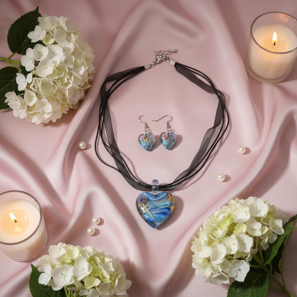 Parure coeurs en verre décoré : choisissez votre couleur Bleu clair nacrelune.com parure