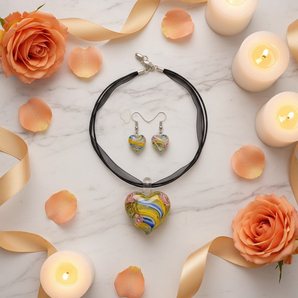 Parure coeurs en verre décoré : choisissez votre couleur Jaune nacrelune.com parure