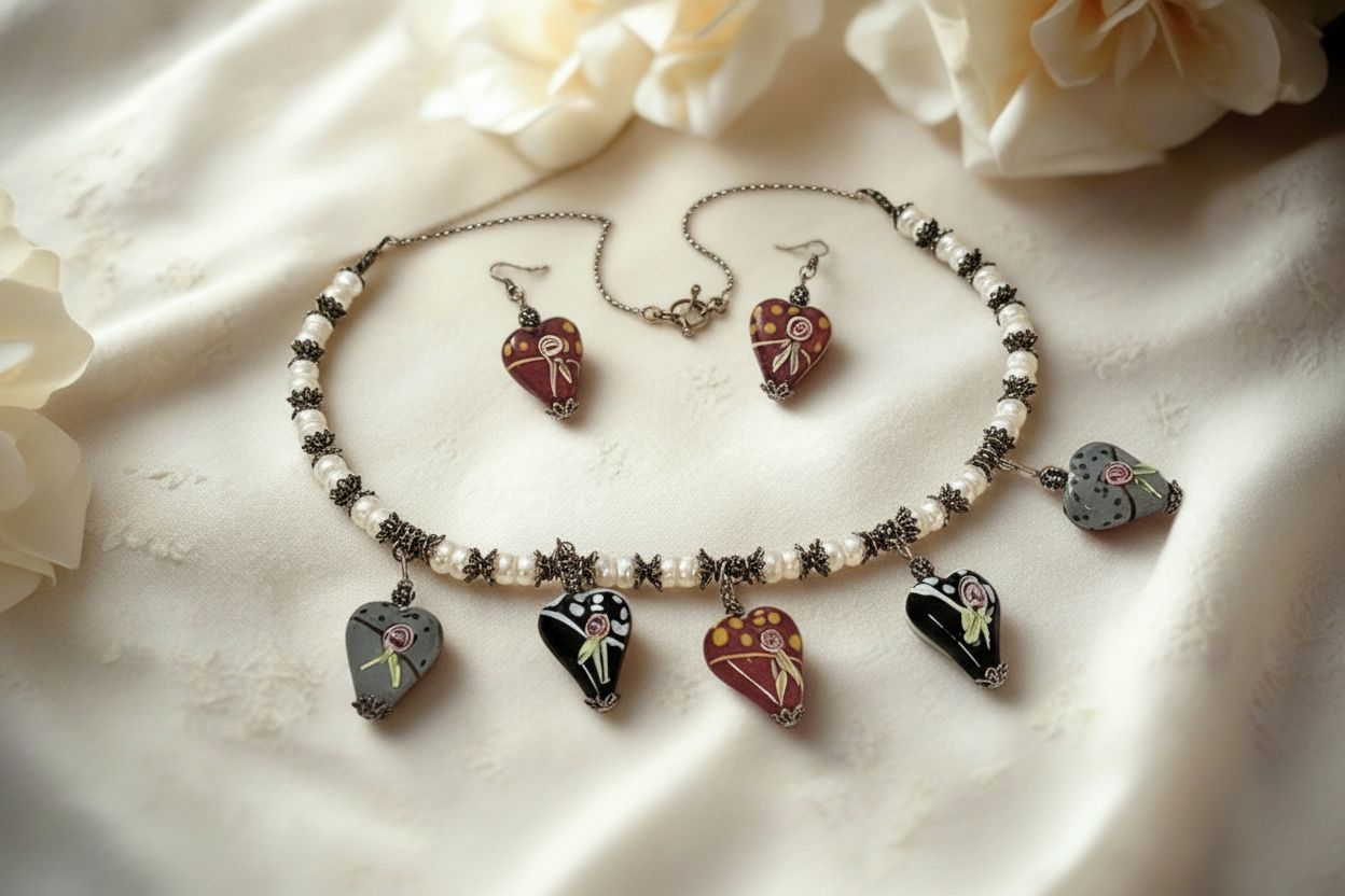 Parure en perles et coeurs en verre décoré NACRELUNE parure