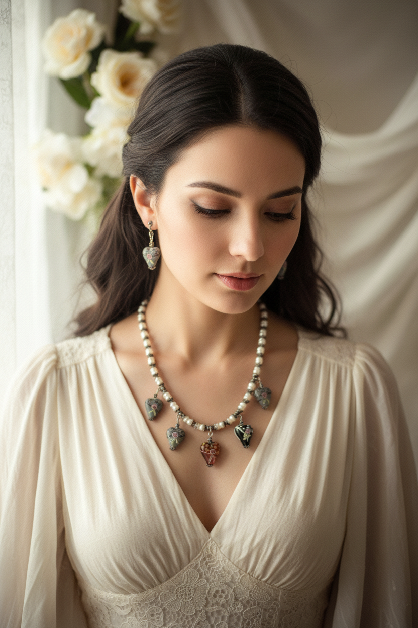 Parure en perles et coeurs en verre décoré nacrelune.com parure