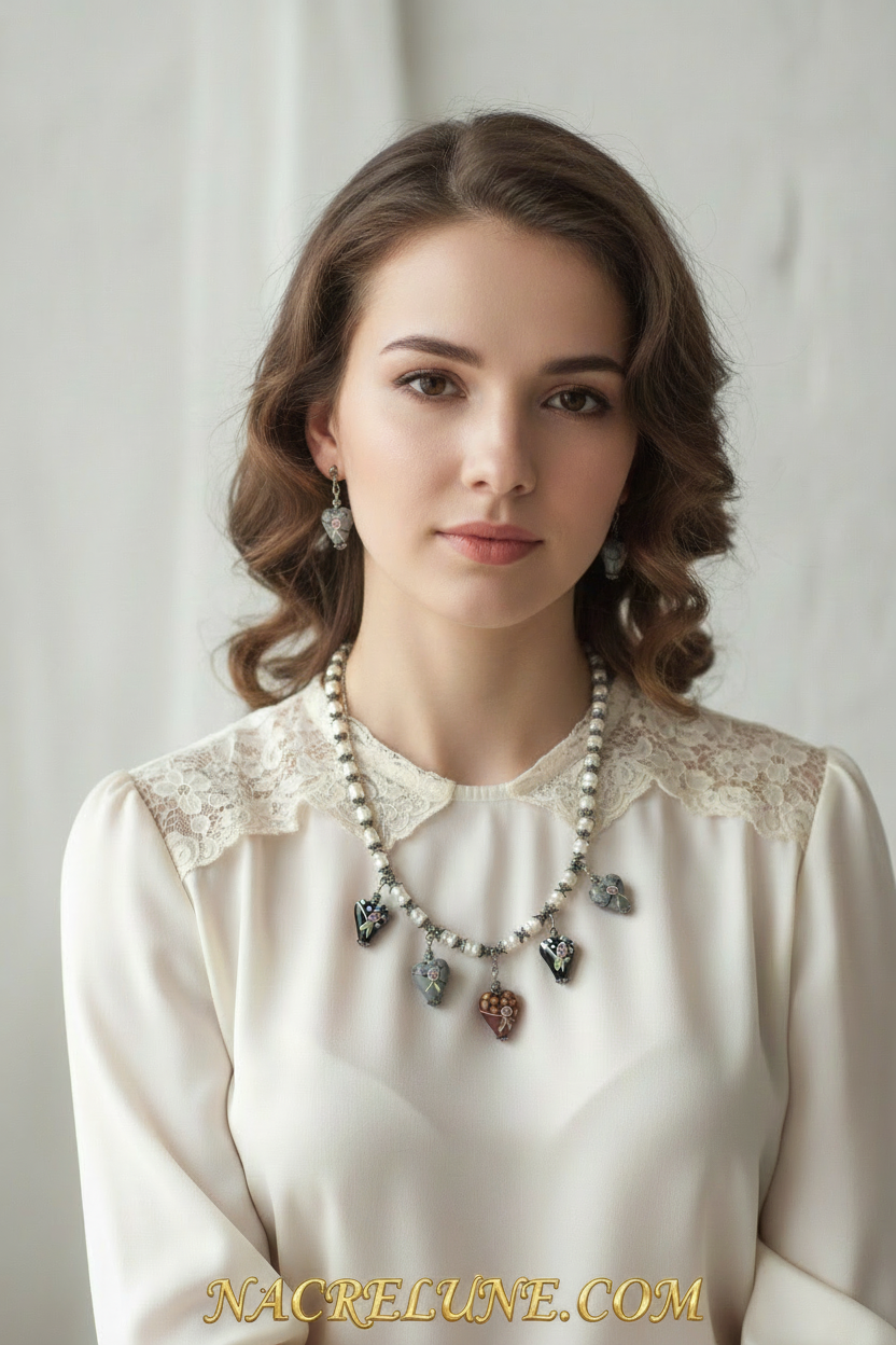 Parure en perles et coeurs en verre décoré nacrelune.com parure