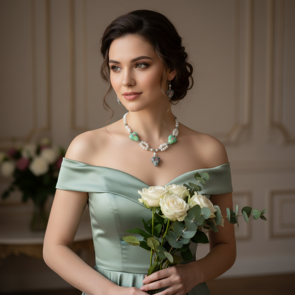 Parure en perles de verre, coeurs verts et gris décorés nacrelune.com parure