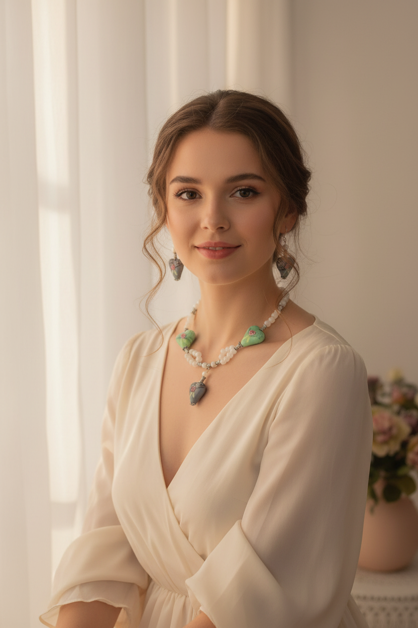 Parure en perles de verre, coeurs verts et gris décorés NACRELUNE parure