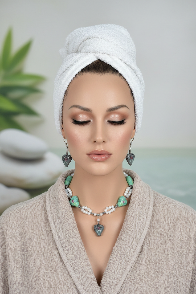 Parure en perles de verre, coeurs verts et gris décorés NACRELUNE parure