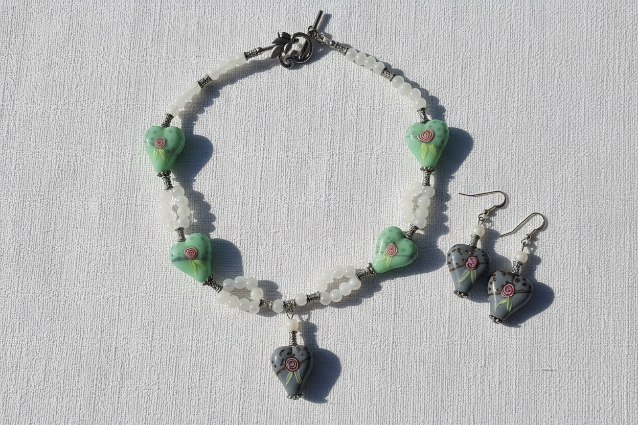 Parure en perles de verre, coeurs verts et gris décorés NACRELUNE parure