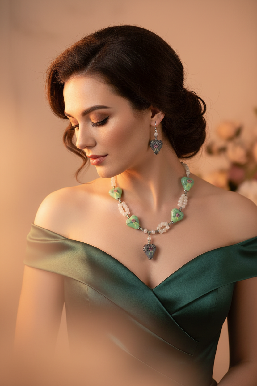 Parure en perles de verre, coeurs verts et gris décorés NACRELUNE parure