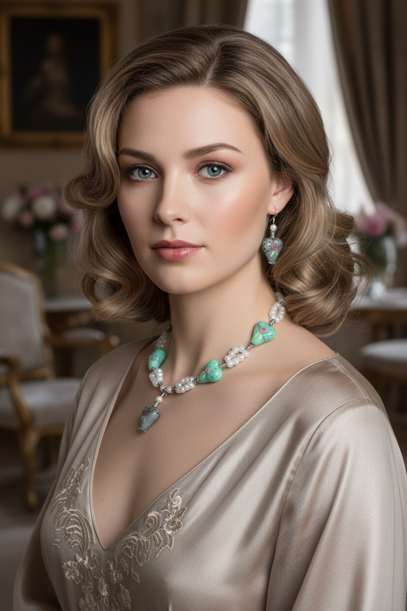 Parure en perles de verre, coeurs verts et gris décorés NACRELUNE parure