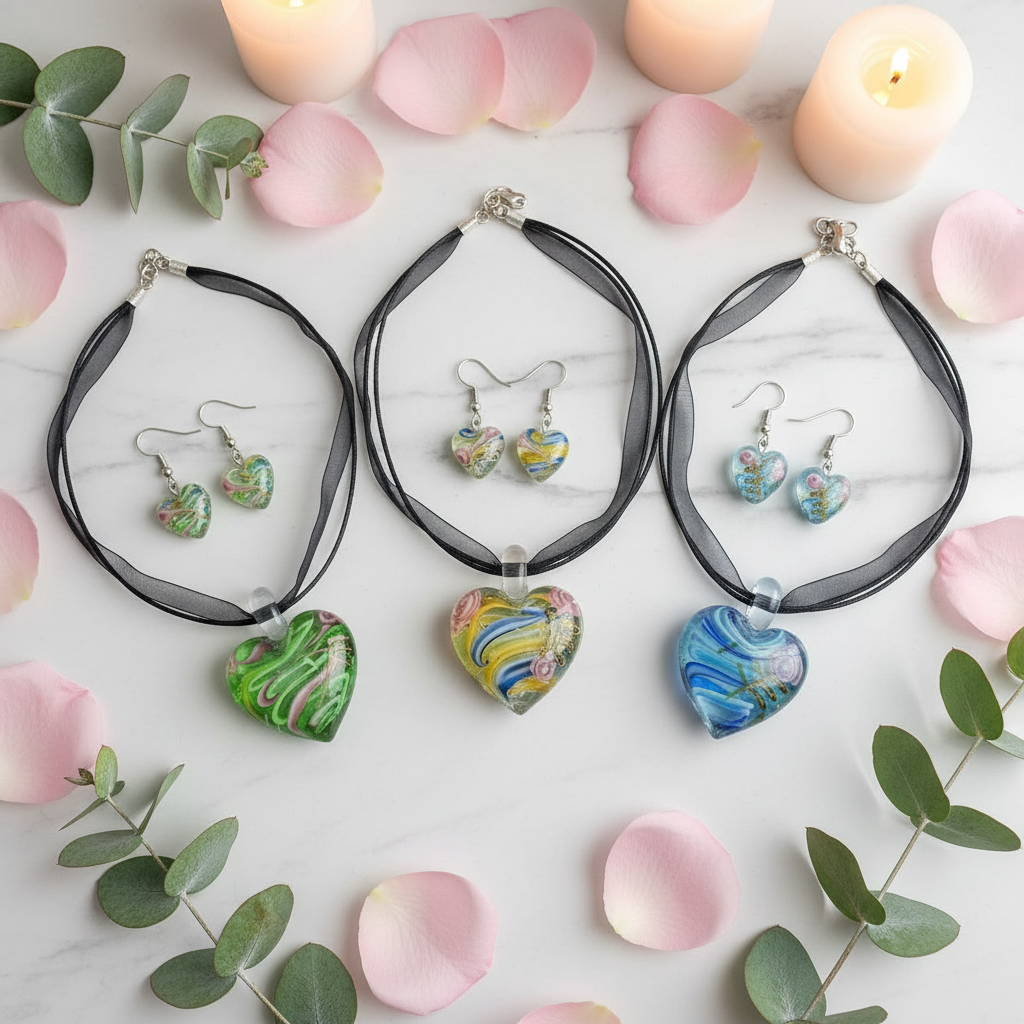 Parure coeurs en verre décoré : choisissez votre couleur nacrelune.com parure