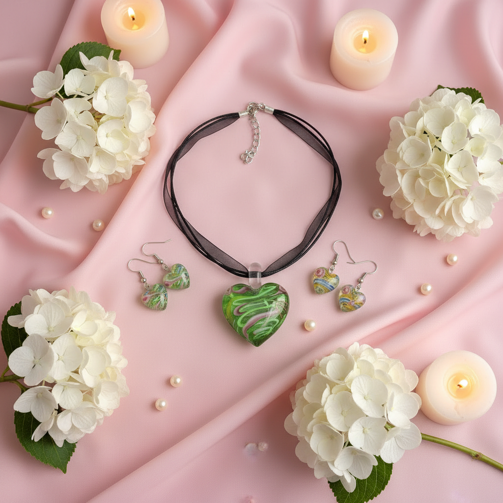 Parure coeurs en verre décoré : choisissez votre couleur Vert nacrelune.com parure