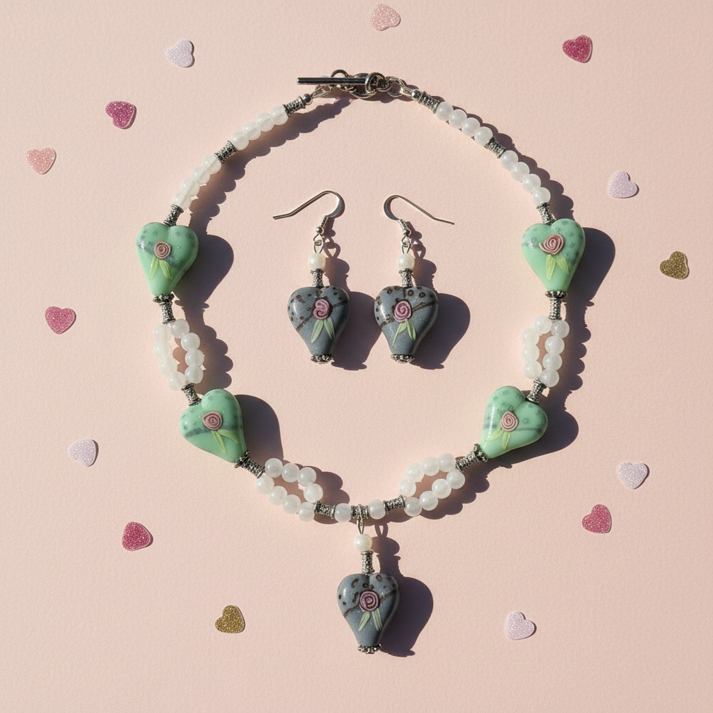 Parure en perles de verre, coeurs verts et gris décorés nacrelune.com parure