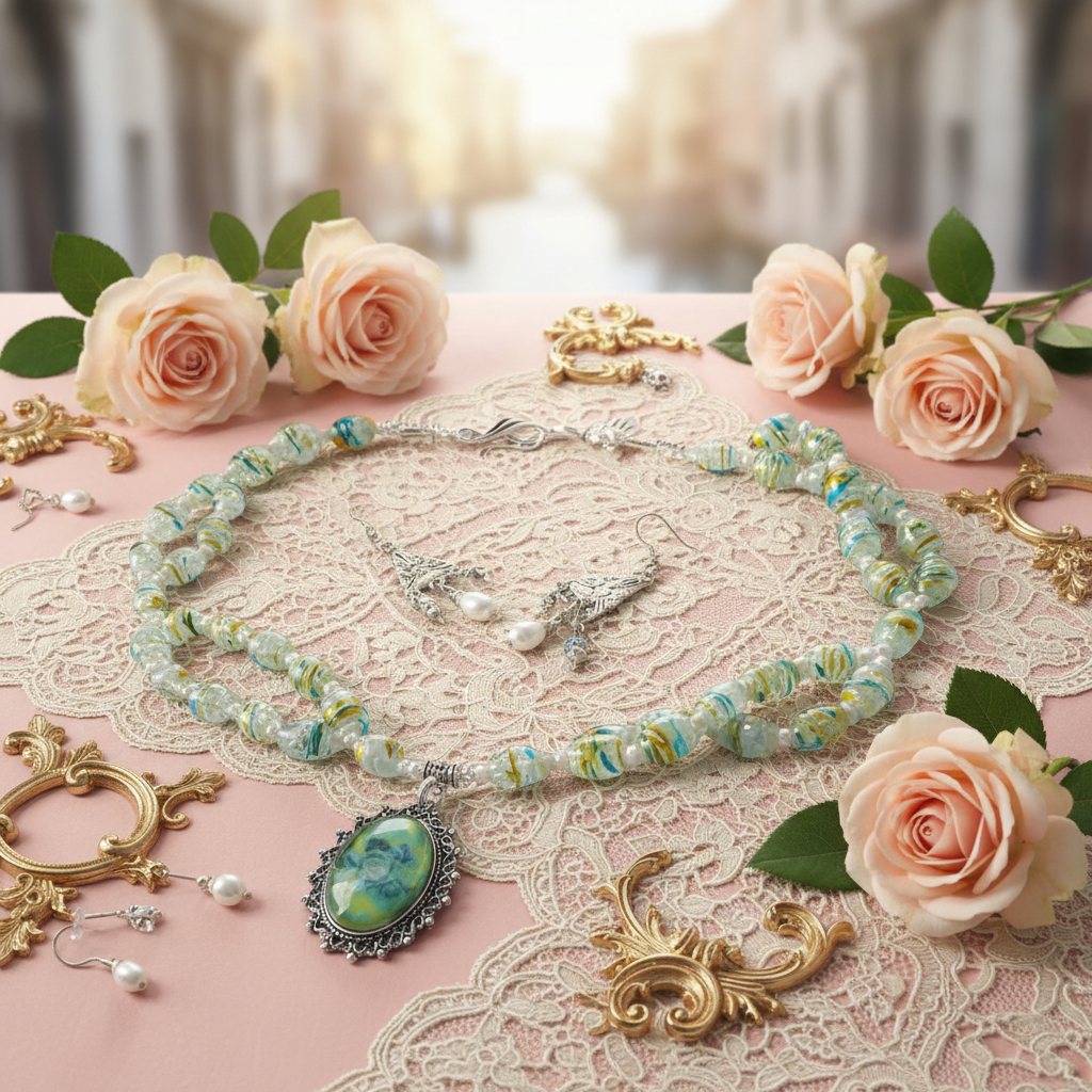 Parure en verre avec camée représentant des fleurs nacrelune.com parure