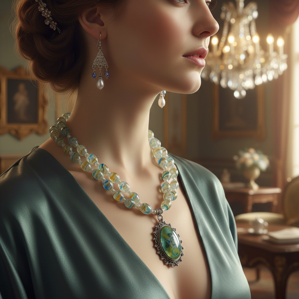 Parure en verre avec camée représentant des fleurs nacrelune.com parure