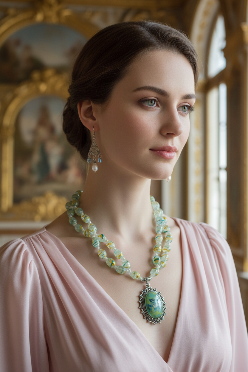 Parure en verre avec camée représentant des fleurs nacrelune.com parure