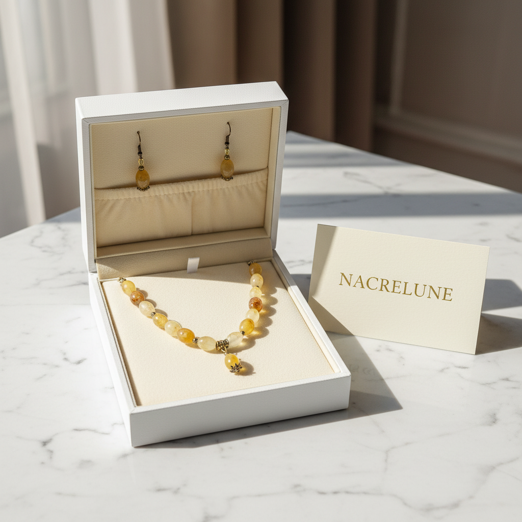 Parure Citrine Collier Boucles d'Oreilles Pierre Naturelle nacrelune.com parure