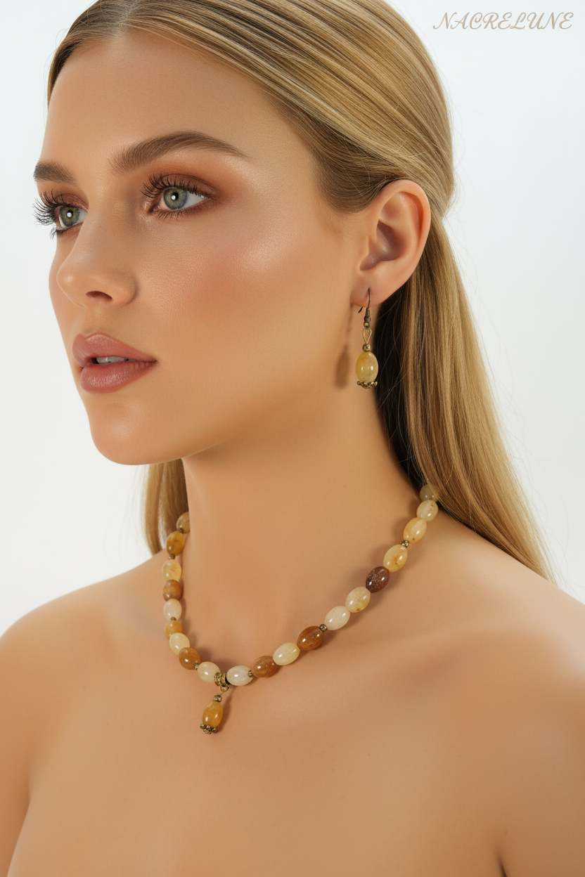 Parure Citrine Collier Boucles d'Oreilles Pierre Naturelle nacrelune.com parure