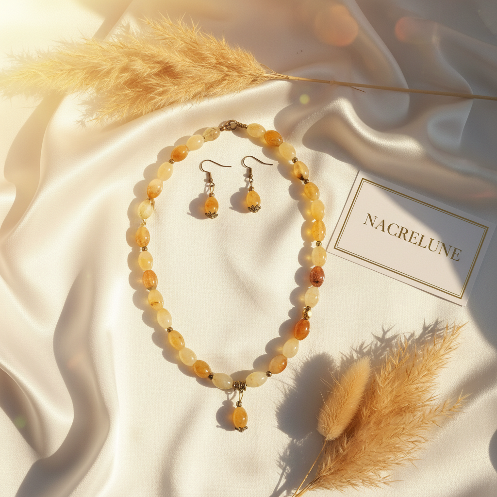 Parure Citrine Collier Boucles d'Oreilles Pierre Naturelle nacrelune.com parure