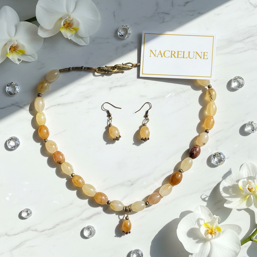 Parure Citrine Collier Boucles d'Oreilles Pierre Naturelle nacrelune.com parure