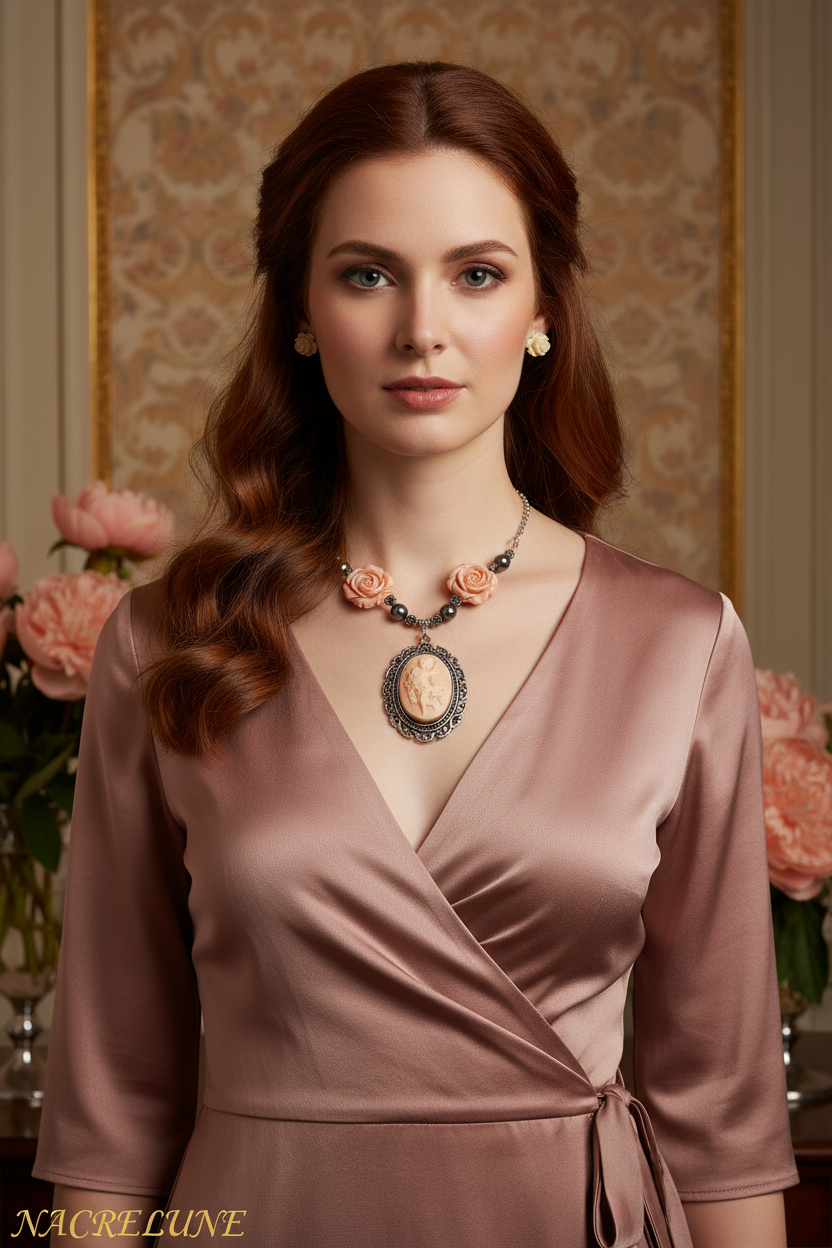 Parure avec fleurs en resine corail et perles de nacre avec camée nacrelune.com parure