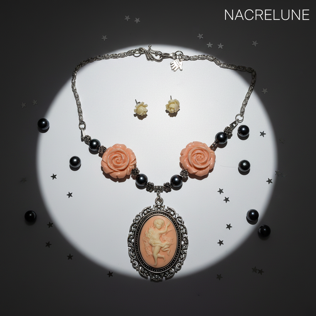 Parure avec fleurs en resine corail et perles de nacre avec camée nacrelune.com parure