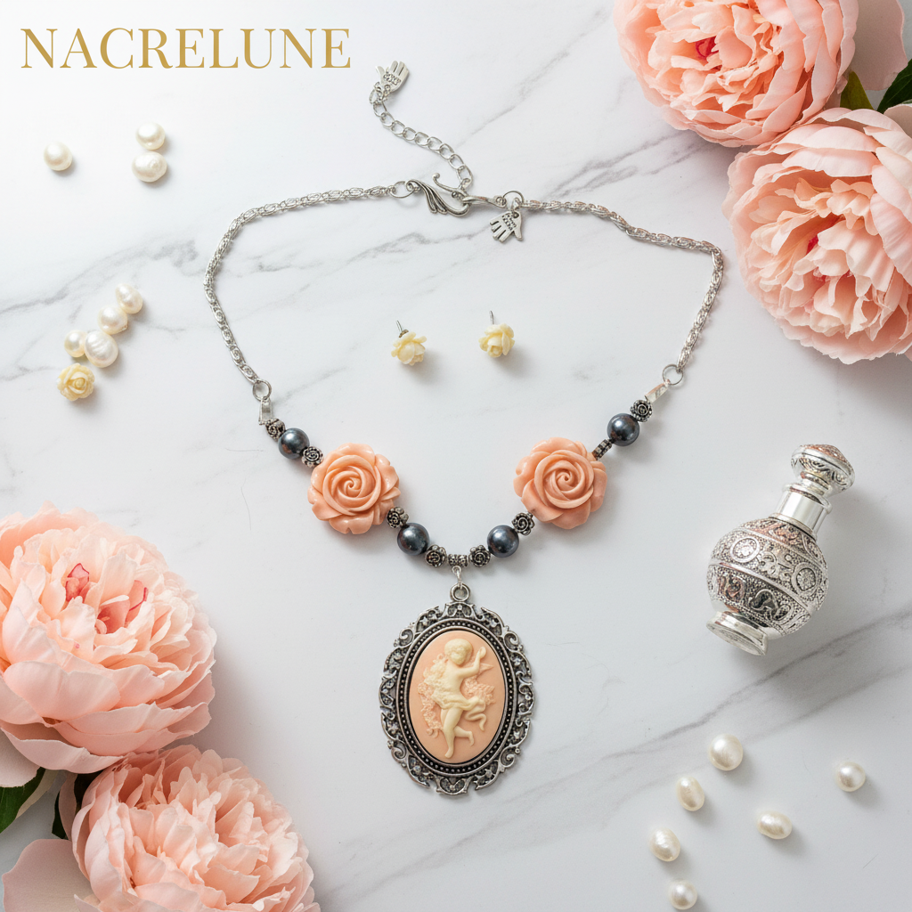 Parure avec fleurs en resine corail et perles de nacre avec camée nacrelune.com parure