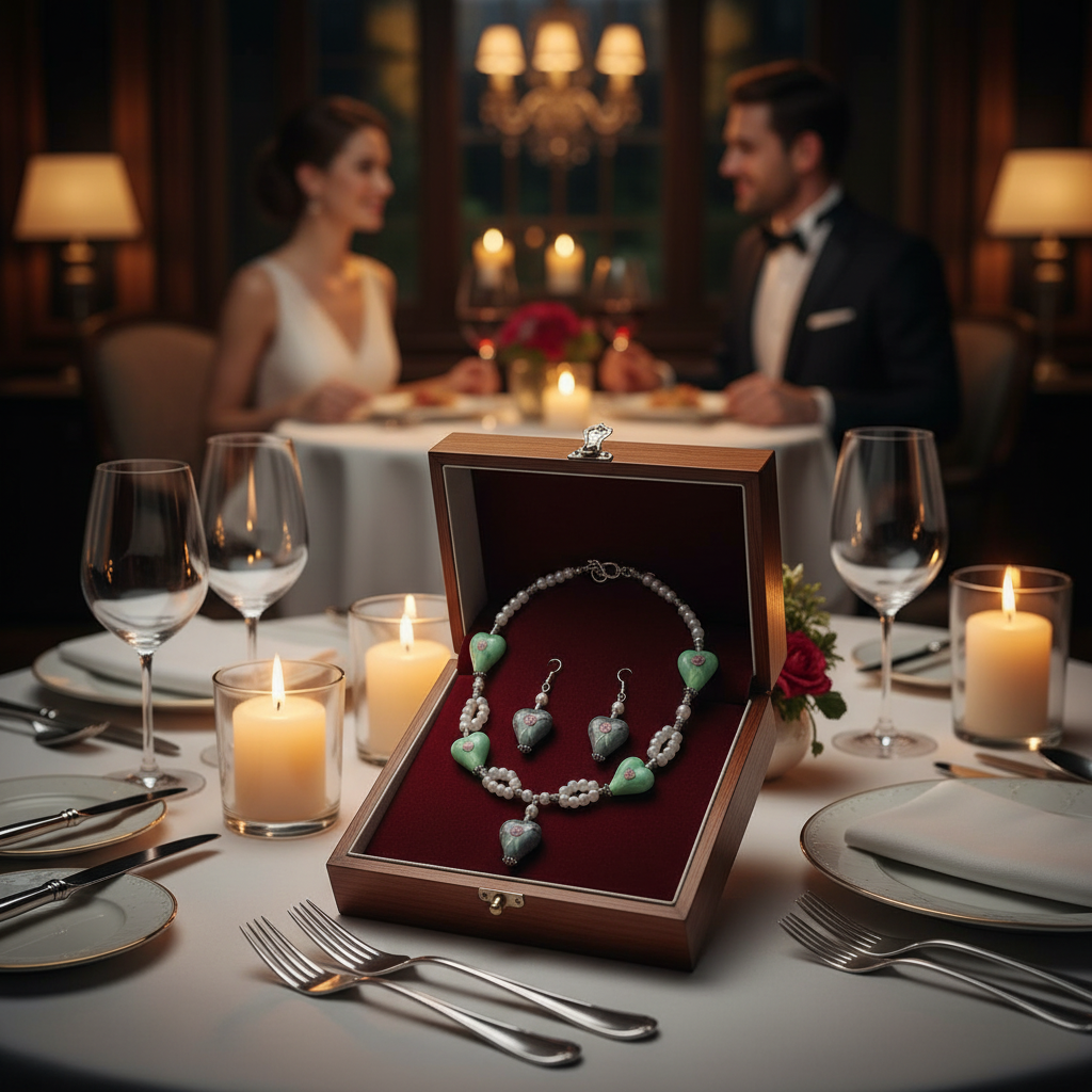 Parure en perles de verre, coeurs verts et gris décorés nacrelune.com parure