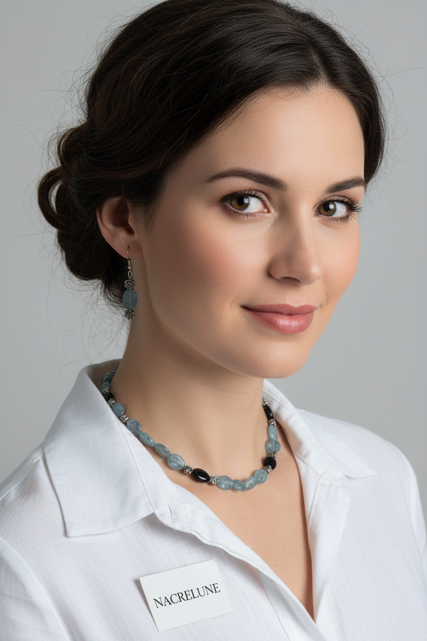 Parure Cyanite Onyx Collier Boucles Pierres Naturelles nacrelune.com parure bijoux