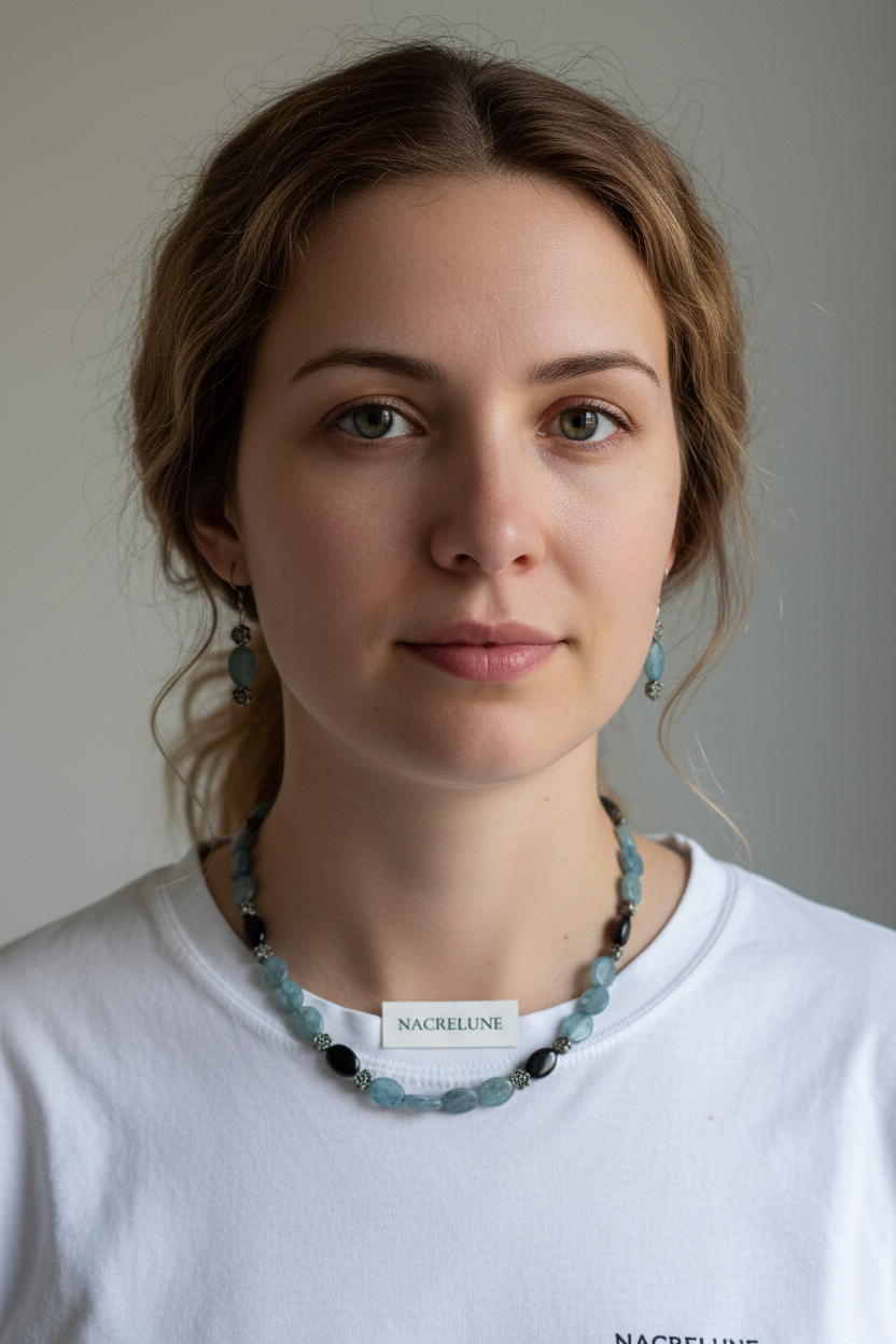 Parure Cyanite Onyx Collier Boucles Pierres Naturelles nacrelune.com parure