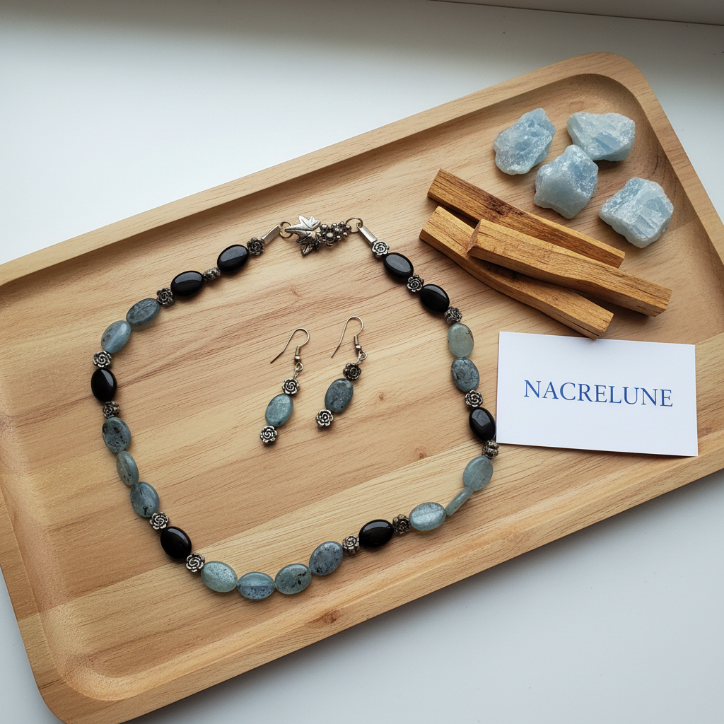 Parure Cyanite Onyx Collier Boucles Pierres Naturelles nacrelune.com parure