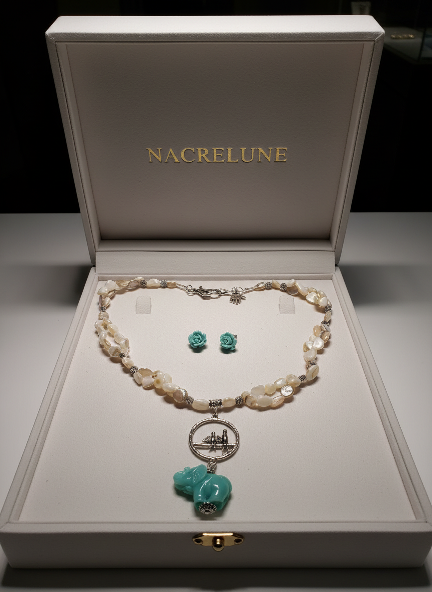 Parure en nacre avec éléphant en résine nacrelune.com parure