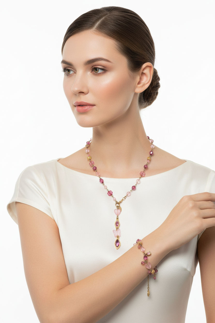 Parure Fantaisie Rose Collier et Bracelet nacrelune.com parure