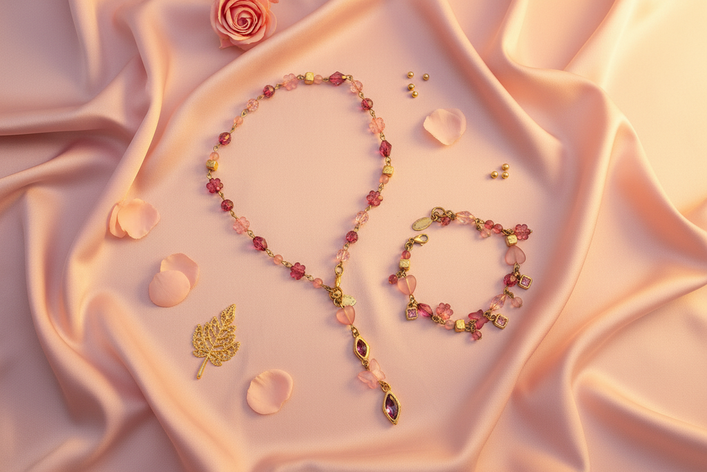 Parure Fantaisie Rose Collier et Bracelet nacrelune.com parure