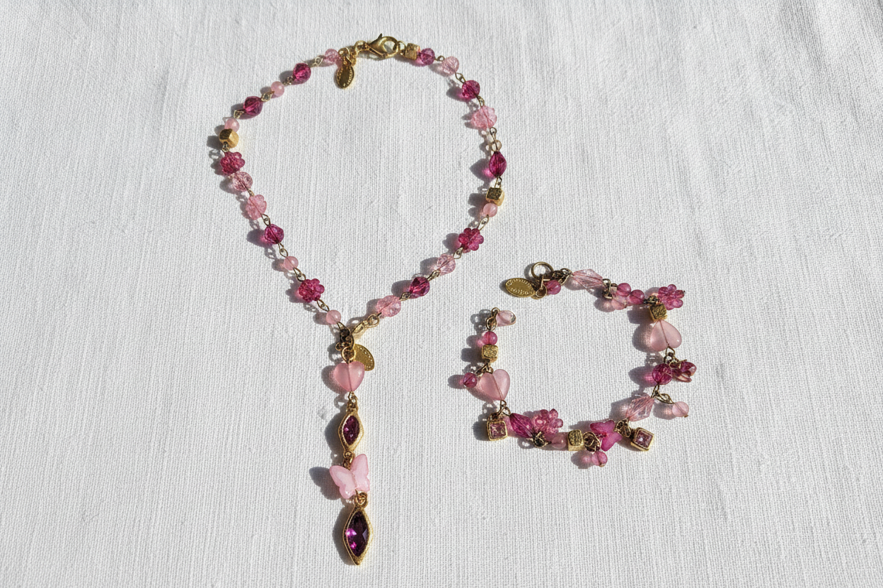 Parure Fantaisie Rose Collier et Bracelet nacrelune.com parure