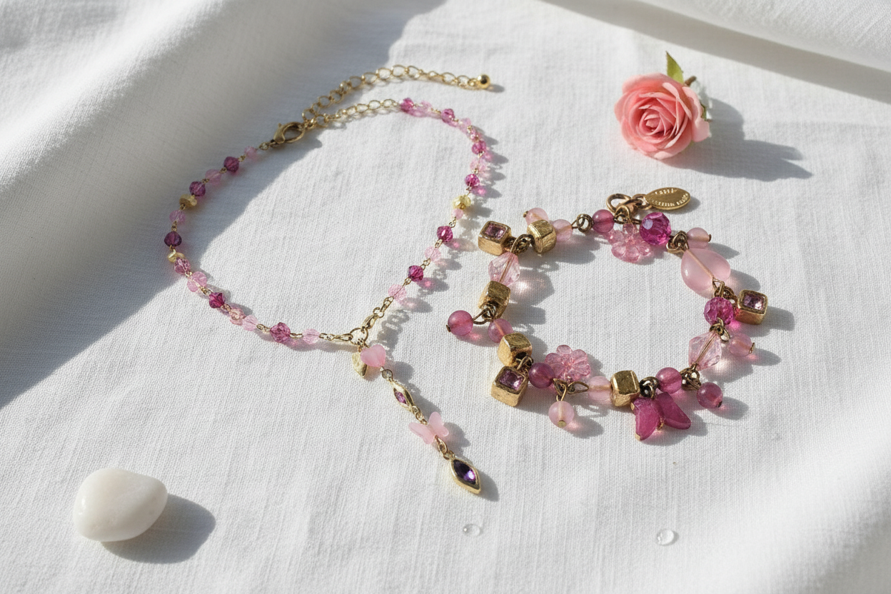 Parure Fantaisie Rose - Collier et Boucles d'Oreilles en Pierres Naturelles NACRELUNE parure